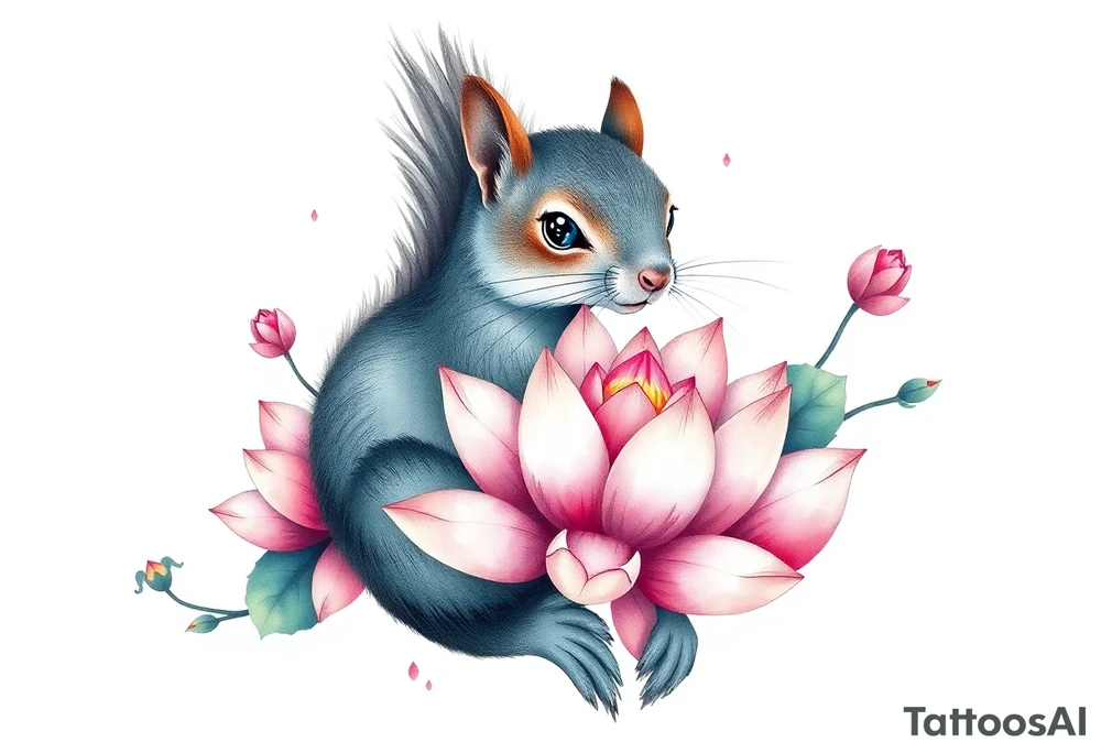 Fierce squirrel blooming lotus flowers tattoo idea
