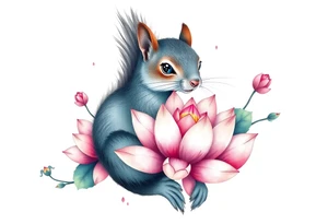 Fierce squirrel blooming lotus flowers tattoo idea