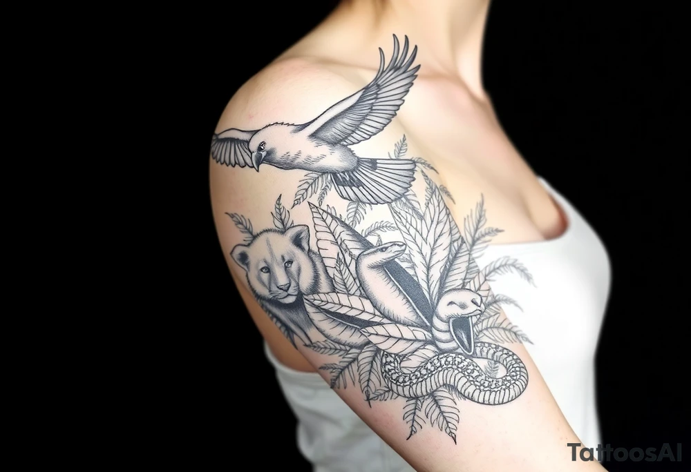 Fine line tattoo from shoulder to elbow: Andean condor flying above Amazon rainforest, amongst the tropical foliage is a puma hiding with only its face exposed, towards the floor of the rainforest is a snake, also mostly hidden behind plants but its head and parts of its body are exposed. tattoo idea