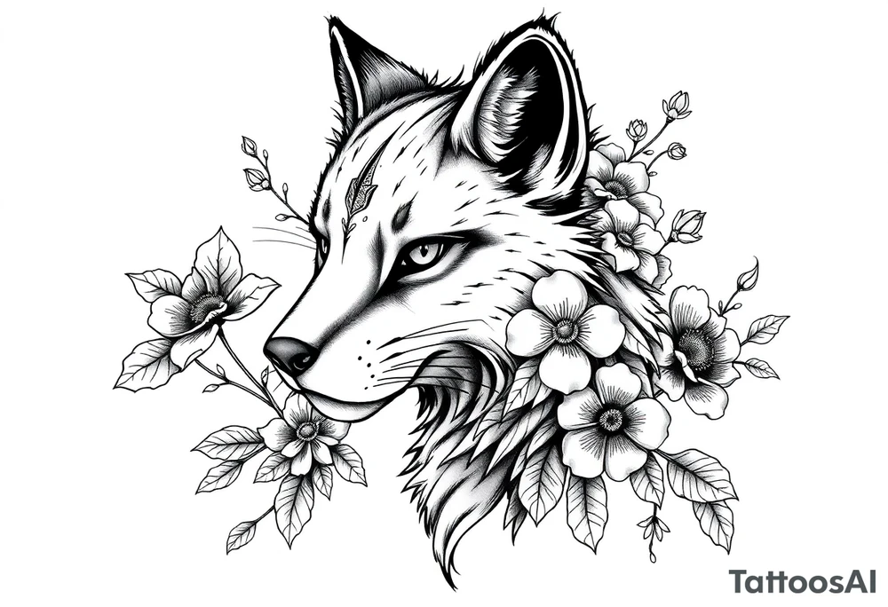 pCREATE A FURRY TATTOO DESIGN FURSONA ANTROPOMORPHIC IMAGE FOR ANTIFACIST LIBERAL WITH FLOWERS AND PLANTS GROWING FROM THE FURSONA tattoo idea