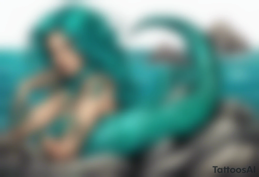 A sea serpent woman hybrid covered in turquois scales sitting on rocks by the ocean tattoo idea