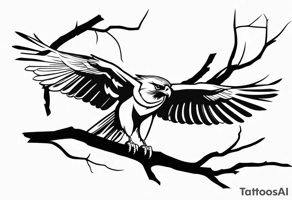 Hawk taking off from breaking branch tattoo idea