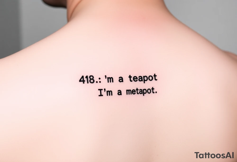 "Minimalist black tattoo of a server error message:  
'418: I’m a Teapot' in pixelated font.  
Below: tiny 'This is not a metaphor' in Comic Sans.  

Style: Glitch art. Placement: Inner arm. No colors." tattoo idea