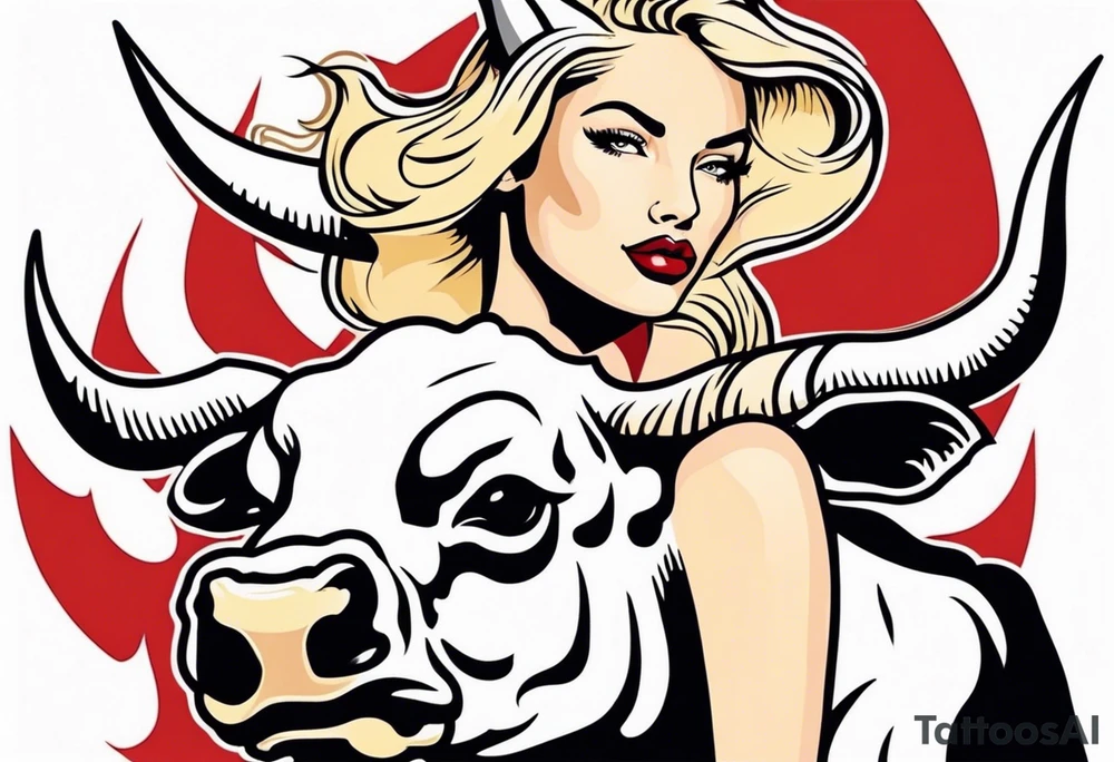 a blonde beautiful woman wearing devil costume rides a bull tattoo idea