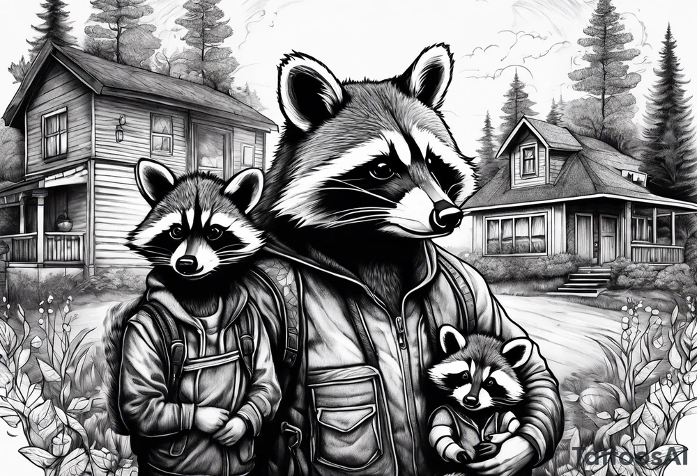 Very detailed Raccoon Husband with wife and child.
Background House and woods tattoo idea