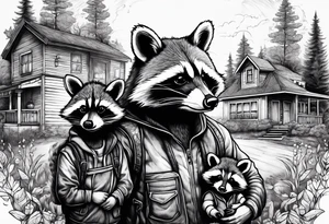 Very detailed Raccoon Husband with wife and child.
Background House and woods tattoo idea