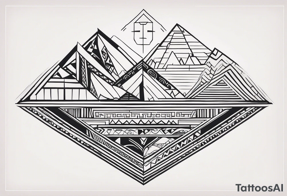 Create a tattoo design in a linear geometric art style depicting images associated with Peru, such as Machu Picchu, llamas or traditional textile patterns. The tattoo should be done in a monochromatic black and white color scheme with clear outlines and minimal details to create an elegant and modern composition. tattoo idea