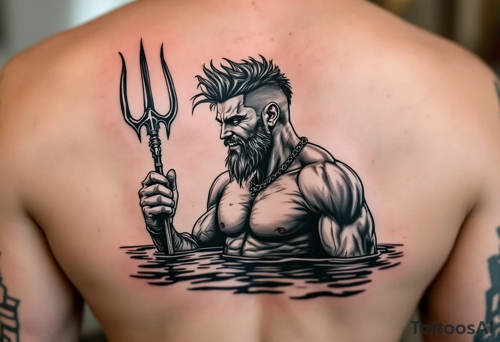 young, happy, fit, very short hair, poseidon in calm water, holding a trident, drinking a beer, with sunset, with ski boat tattoo idea