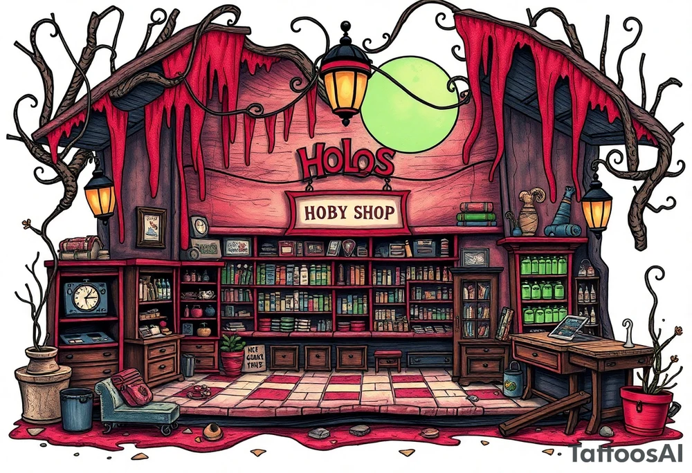 Tim Burton’s hobby shop from outside viewis abandoned and dripping with muted reds, dusty pinks, and eerie green glow. tattoo idea tattoo idea