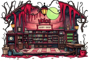 Tim Burton’s hobby shop from outside viewis abandoned and dripping with muted reds, dusty pinks, and eerie green glow. tattoo idea tattoo idea