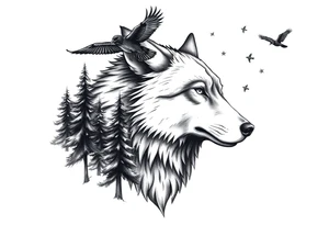 Wolf head surrounded by large pine trees and small ravens flying overhead tattoo idea