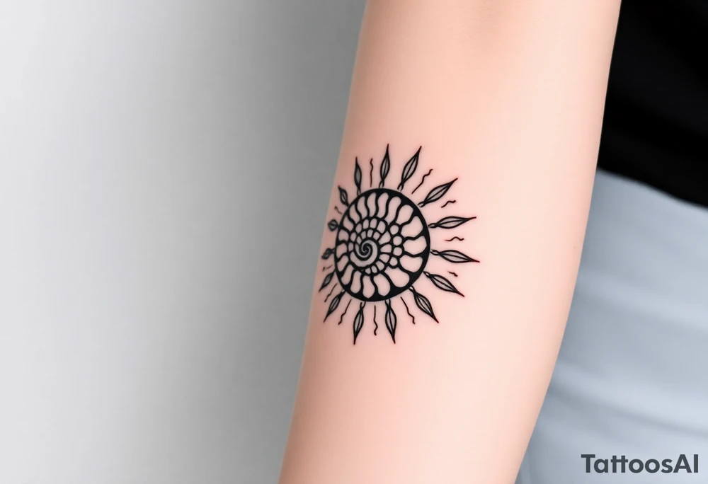 Fibonacci spiral shell inside of sun tattoo idea
