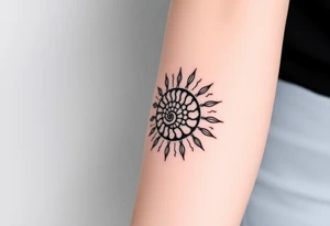 Fibonacci spiral shell inside of sun tattoo idea