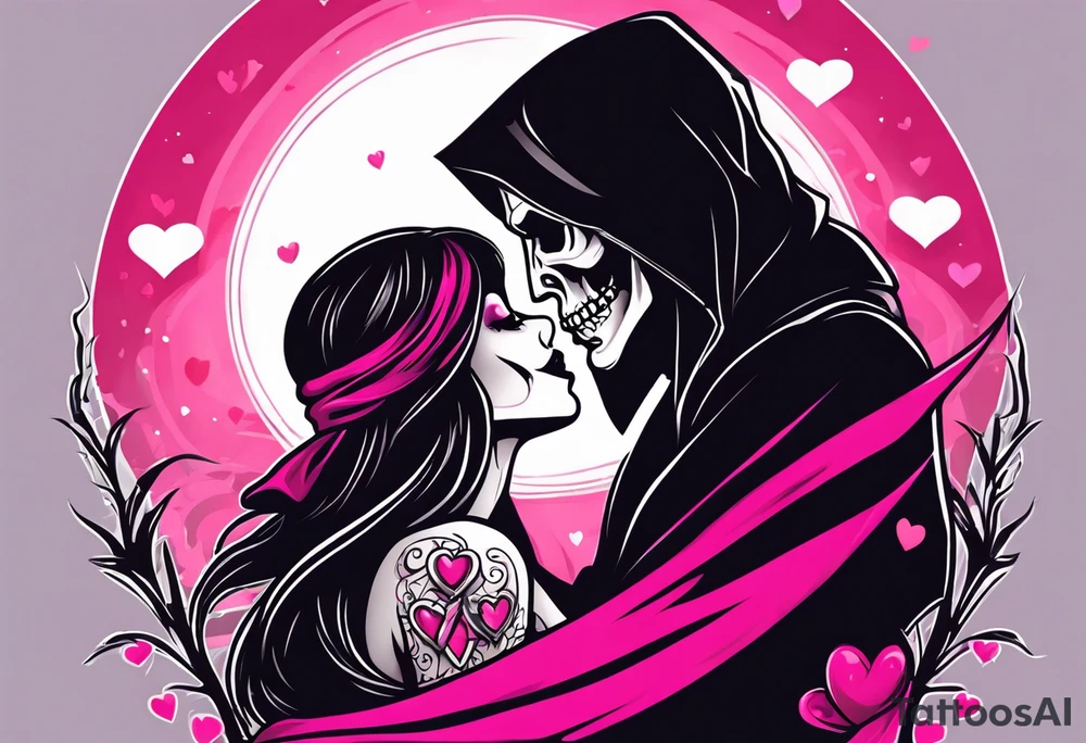 new school tattoo of a male grim reaper with black cloak kissing a female grim reaper in a bright pink cloak with small hearts in pink and red surrounding them tattoo idea