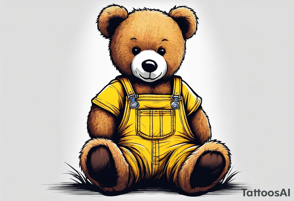the back of a standing, skinny, brown ,
teddy bear in long, yellow overalls tattoo idea