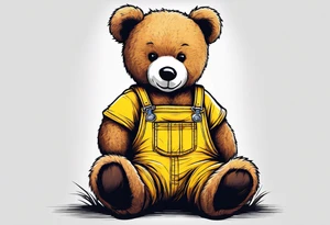 the back of a standing, skinny, brown ,
teddy bear in long, yellow overalls tattoo idea