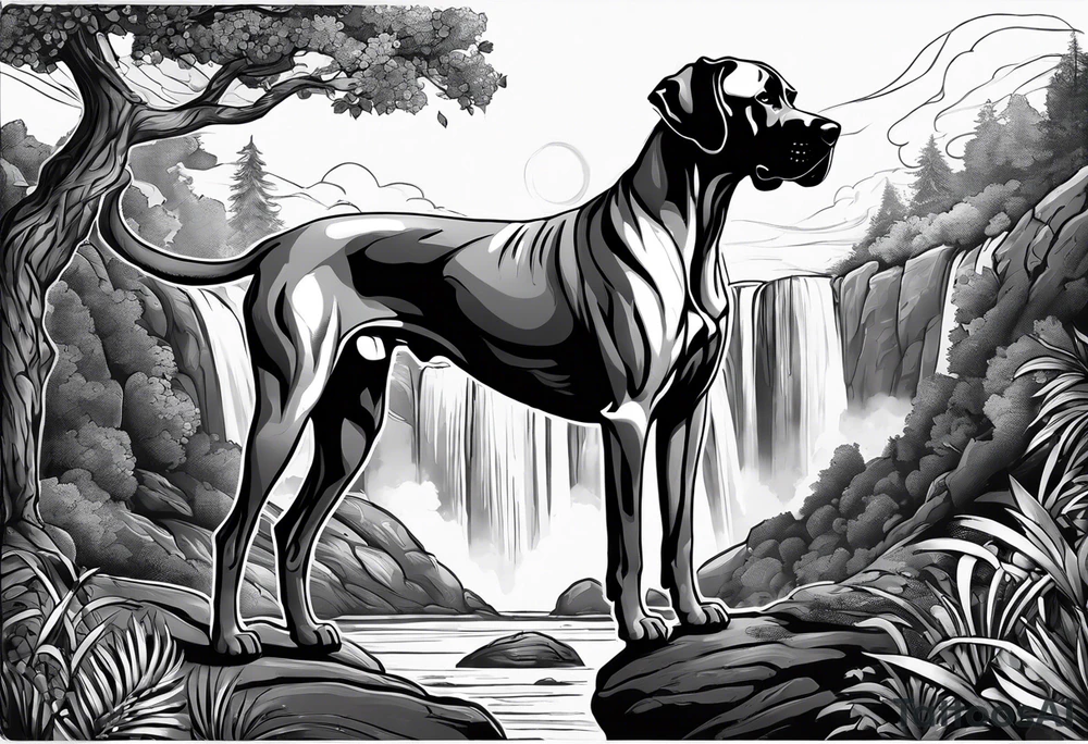 Arm sleeve for man-  with floppy ear Great Dane standing fiercely chest up. With outdoors fill work around the Dane. A waterfall in background tattoo idea