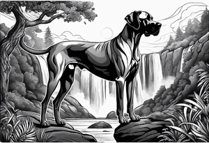Arm sleeve for man-  with floppy ear Great Dane standing fiercely chest up. With outdoors fill work around the Dane. A waterfall in background tattoo idea