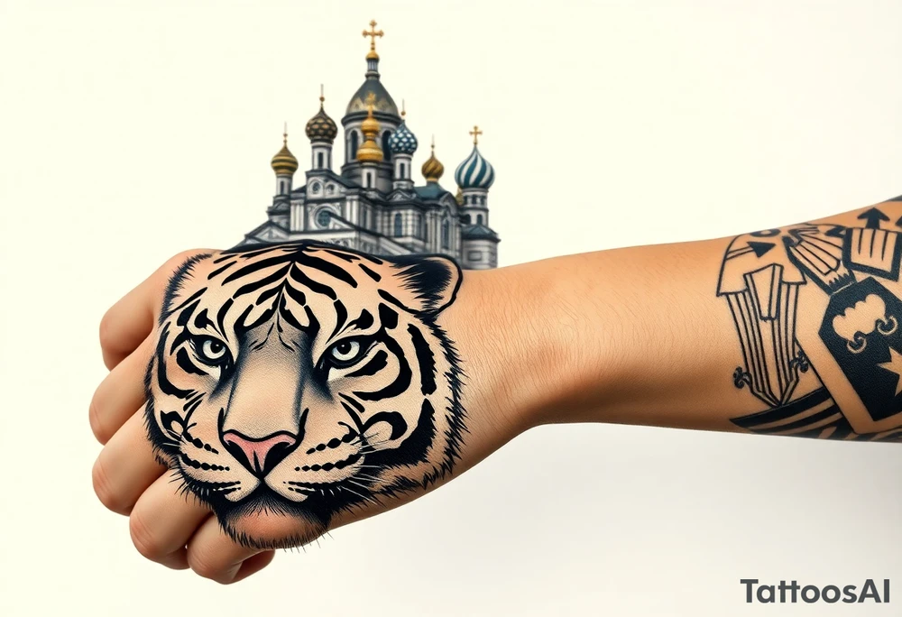 Realistic tiger face on the back of the hand with strong contrast and fine detail with all black eyes. then a highly detailed Russian Orthodox cathedral sitting above on the top fore arm with onion domes and orthodox crosses, done in fine line, engraving-like style. Cohesive composition, black ink only, no color, high contrast, slightly aged, documentary-style, plain light background. with clouds above and a virgin mary tattoo idea