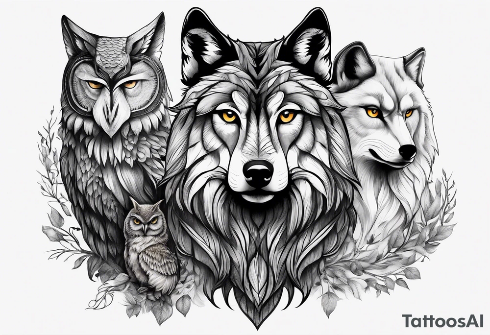 A Wolf as a father, an owl as the son and a lioness as the daughter. tattoo idea