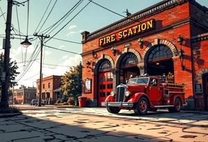 A fire station with an old-school red fire truck parked in front, with warm brick textures and golden sunlight casting long shadows. tattoo idea