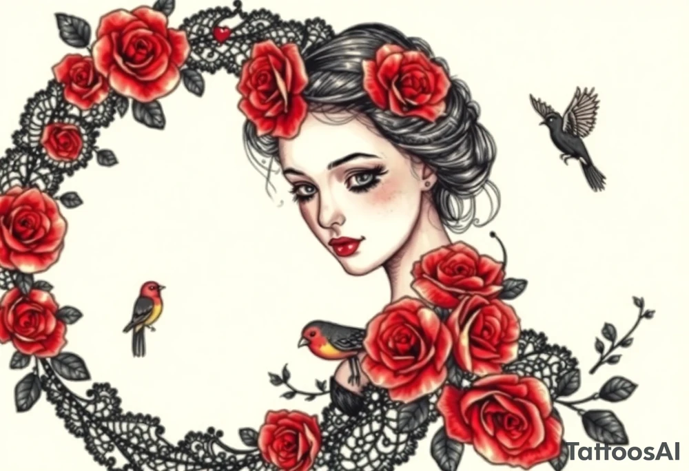 Vintage black lace, red roses, red birds, vintage, wrap around, tighter together, no space open tattoo idea
