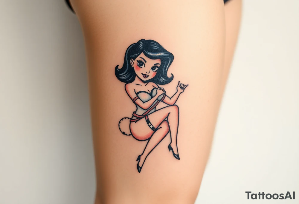 Stylized comic book woman in bondage on thigh tattoo idea
