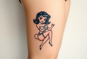 Stylized comic book woman in bondage on thigh tattoo idea