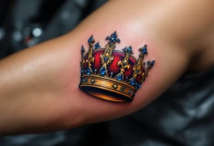 A regal gold crown tattoo adorned with deep red velvet lining, shimmering sapphire-blue gemstones, and subtle black shadowing underneath to give it a bold, three-dimensional look. tattoo idea