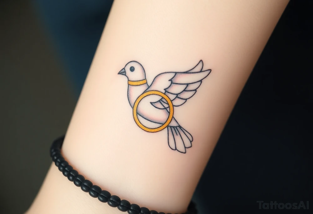 A collared dove with a golden wedding ring clasped in its talons, in a soft golden hue with the dove in pale gray and white, symbolizing commitment and eternal love tattoo idea