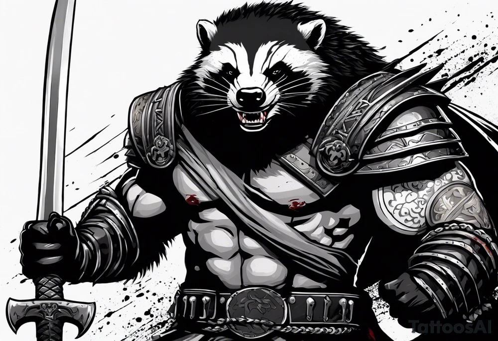 Draw me psychopath Honey Badger/Berserker with aggressive full body, killer face with a scary smile, very long nails and he attacks like a Bloody Assassin/Warrior/Gladiator to us and also, he has very deadly looking. He fights with his nails only. Everybody scares after their first sight. Give me horror type Badger Tattoo. I want to see his Realistic full body with no weapons. You can show destruction at the back. tattoo idea