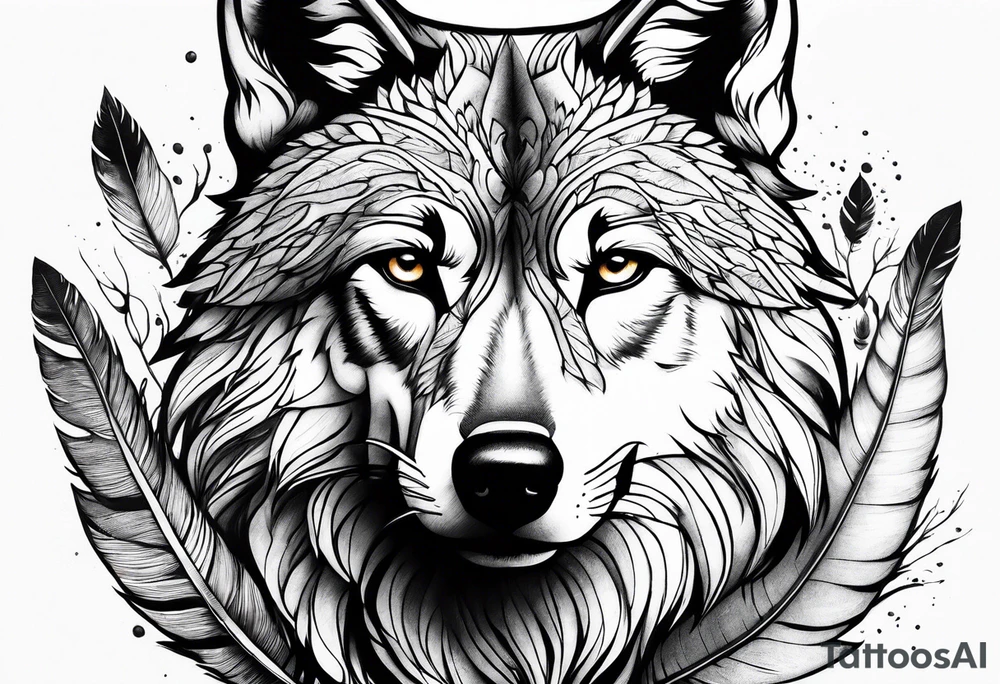 indian, wolf, feathers, water, nature tattoo idea