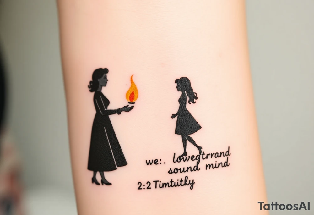 Silhouette of grandmother, mother and daughter passing a flame from oldest to youngest with the flame growing as it goes. Make the flame in watercolor motif and the silhouettes simple. Incorporate the words power, love and sound mind. Or 2 Timothy: 5-7 tattoo idea