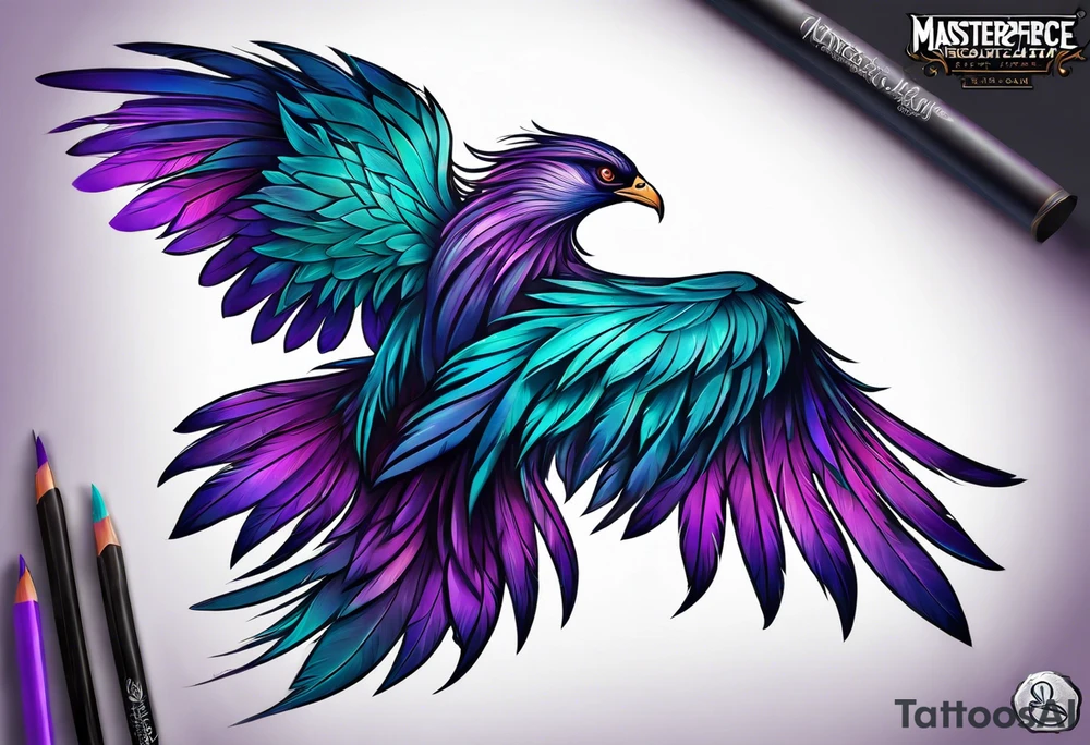 Phoenix on hip down into thigh with feathers that have teal purple and blue tattoo idea