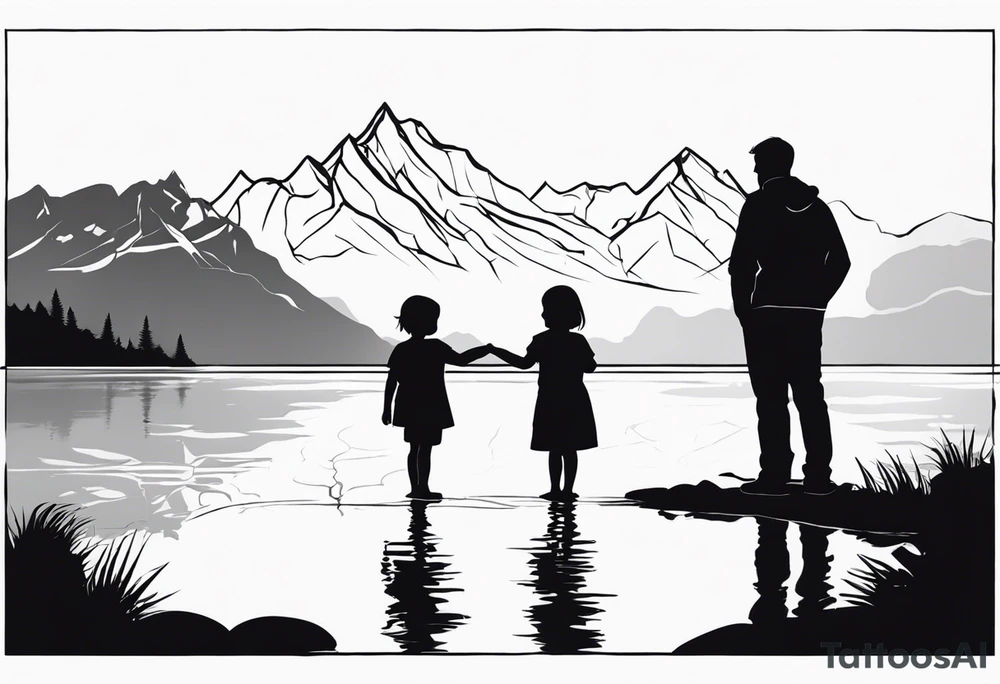 Father in between 6 year old daughter and 2 year old son. Standing in front of water with their reflection in the water behind them with tree and mountains in front of them tattoo idea