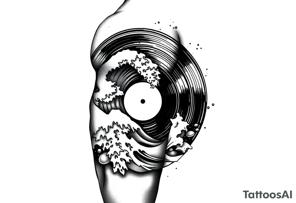 waves crashing into a vinyl record tattoo idea