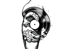 waves crashing into a vinyl record tattoo idea