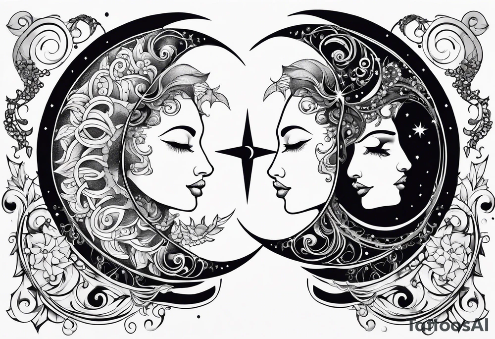 Feminine Sun and moon. long rectangular sternum swirls with dots and stars tattoo idea