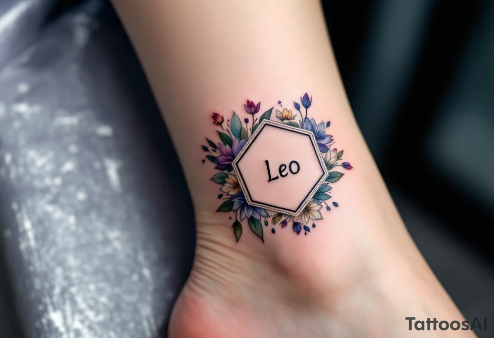 Small Feminine simple Dotted Line hexagon with Leo astrological symbol surrounded by larkspurs and water lilies tattoo idea