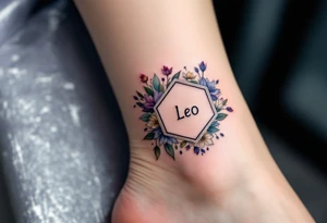 Small Feminine simple Dotted Line hexagon with Leo astrological symbol surrounded by larkspurs and water lilies tattoo idea