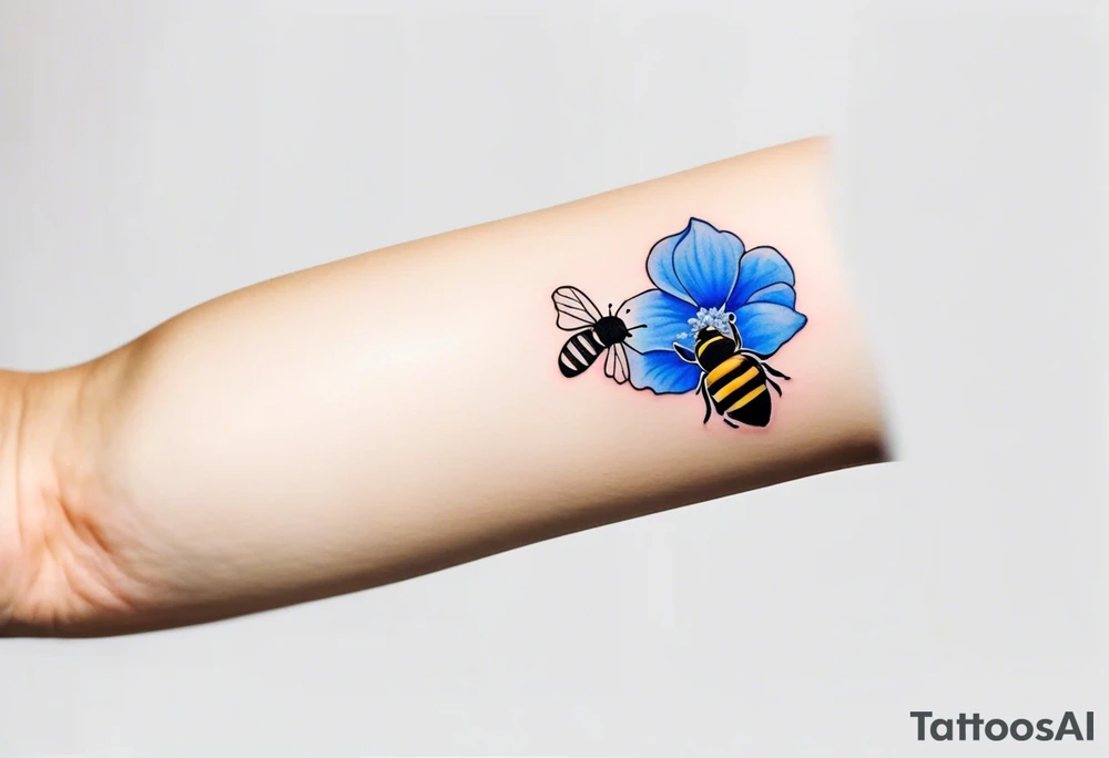 Small minimalist tattoo for forearm of a blue Hydrangea and a very small bee. tattoo idea