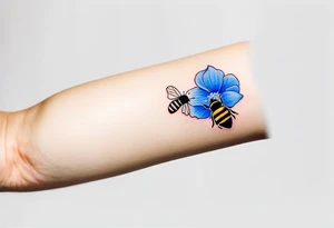 Small minimalist tattoo for forearm of a blue Hydrangea and a very small bee. tattoo idea