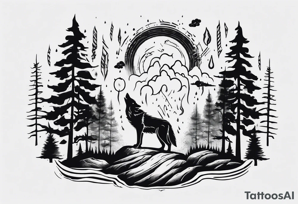 thunderstorm over a forest with a wolf howling on drums tattoo idea thunderstorm over a forest with a wolf howling on drums tattoo idea