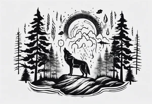 thunderstorm over a forest with a wolf howling on drums tattoo idea