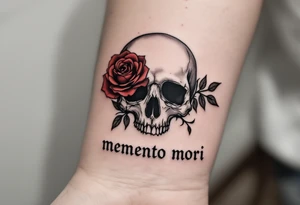 A black and gray skull with a wilted red rose wrapped around it, the quote "memento mori" etched beneath in classic serif script. tattoo idea