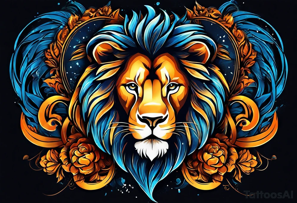 I Want zodiac leo/lion for upper arm and bicep. With blue and fire in it. I want the lion to be eating all its strengths and weaknesses labeled in black color tattoo idea