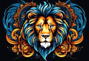 I Want zodiac leo/lion for upper arm and bicep. With blue and fire in it. I want the lion to be eating all its strengths and weaknesses labeled in black color tattoo idea