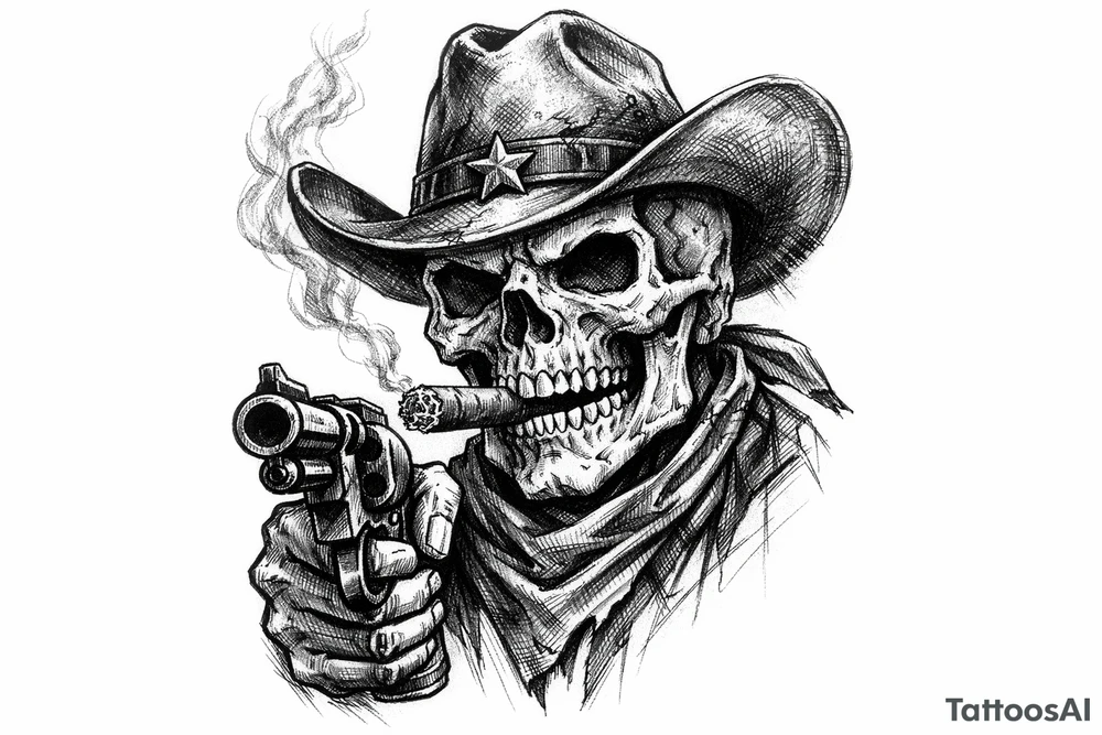 skull with cowboy-hat,a big cigar in his mouth and a gun in a hand. tattoo idea