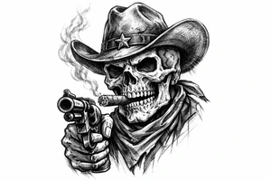 skull with cowboy-hat,a big cigar in his mouth and a gun in a hand. tattoo idea