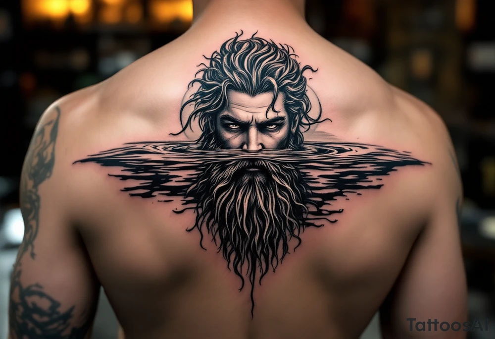 Poseidon half way under calm water at sunset tattoo idea